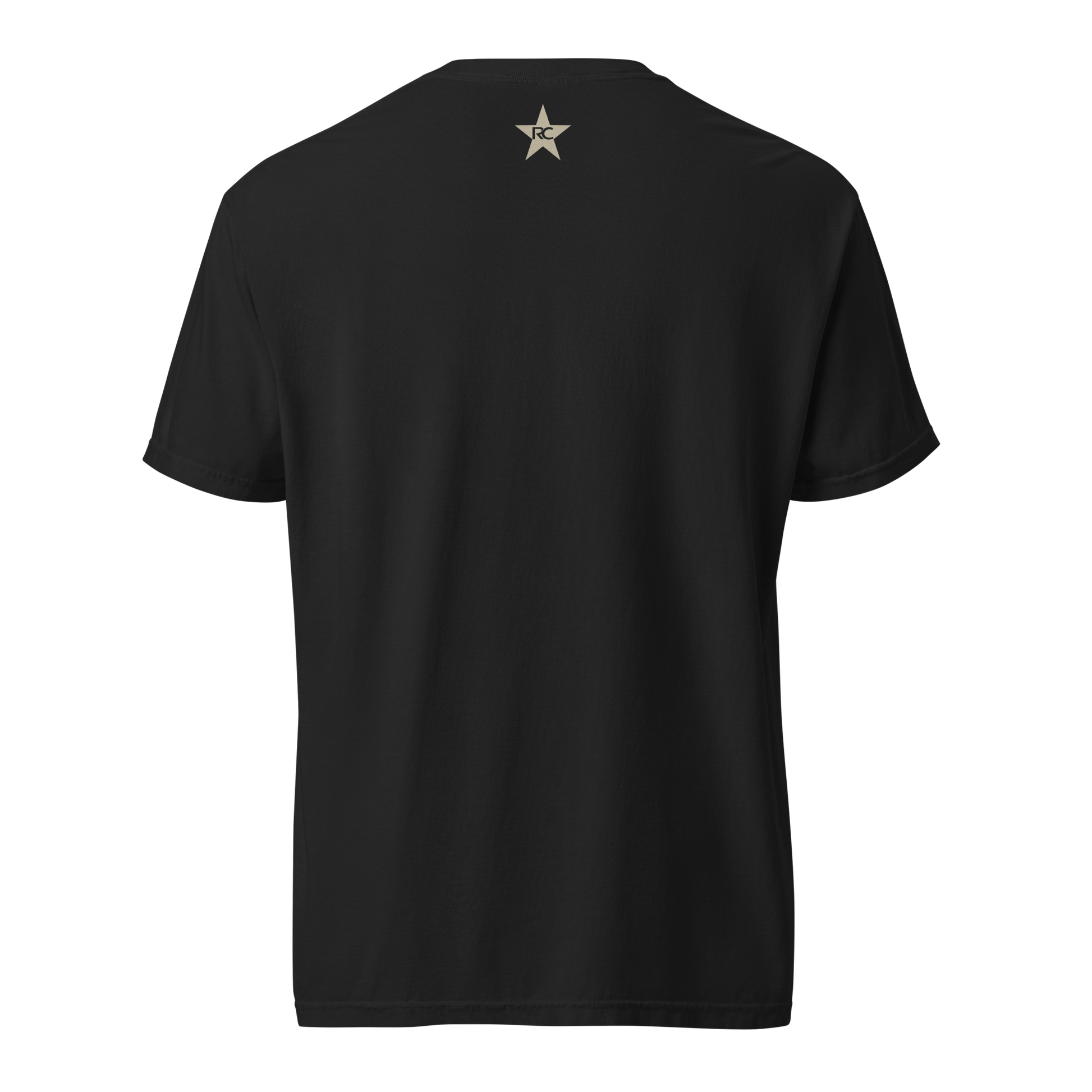 Black Comfort Colors tee, back view, with a small gold RC star logo on the upper back.