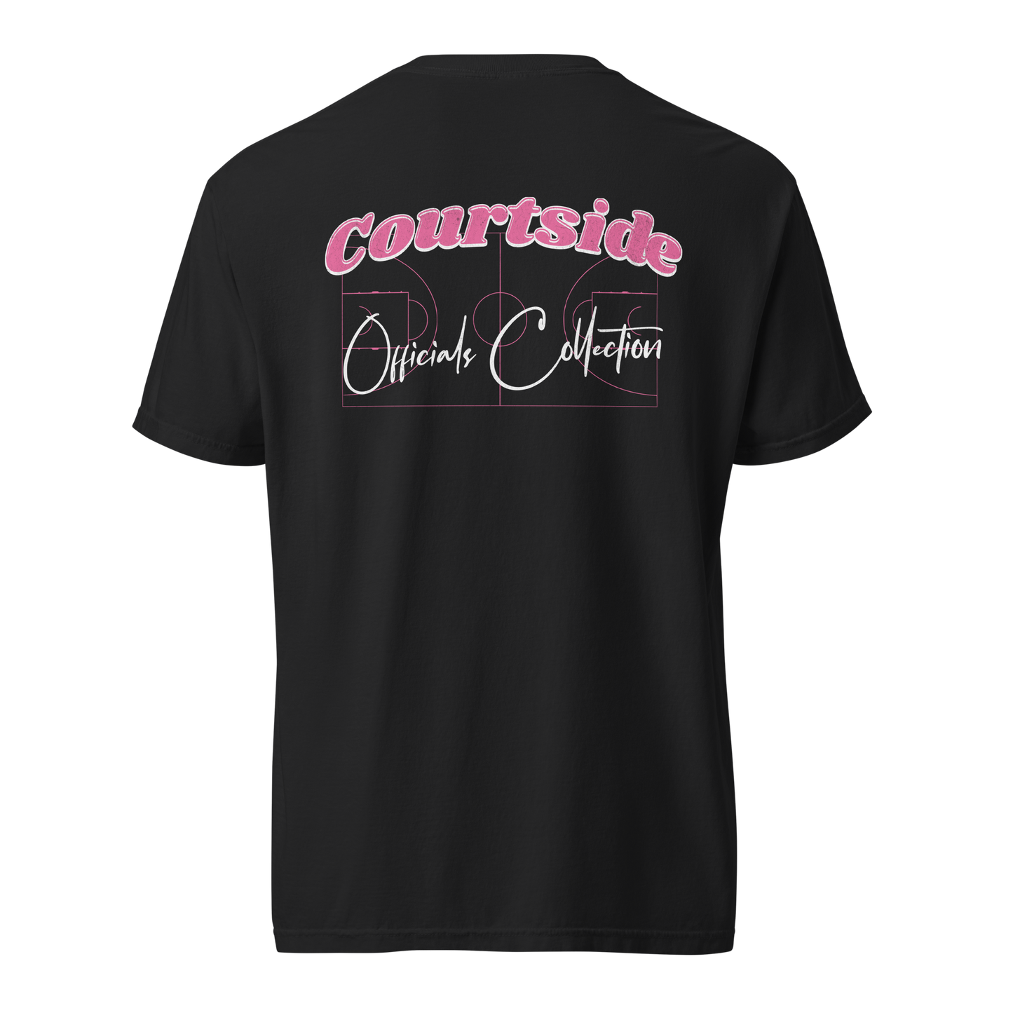 Black heavyweight cotton t-shirt with "Courtside Officials Collection" in pink script and basketball court graphic.