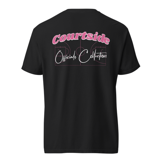 Black heavyweight cotton t-shirt with "Courtside Officials Collection" in pink script and basketball court graphic.