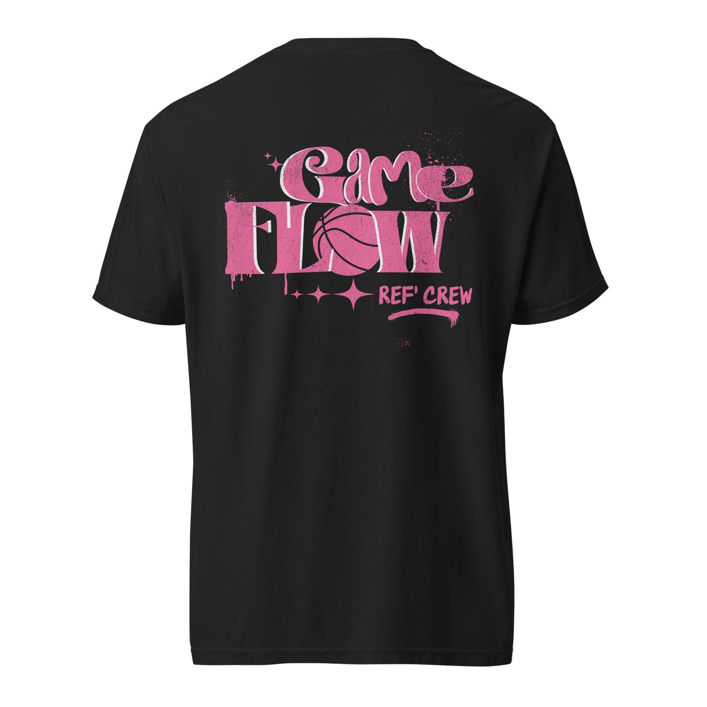 Black cotton tee with pink graffiti "Game Flow REF' CREW" basketball graphic.