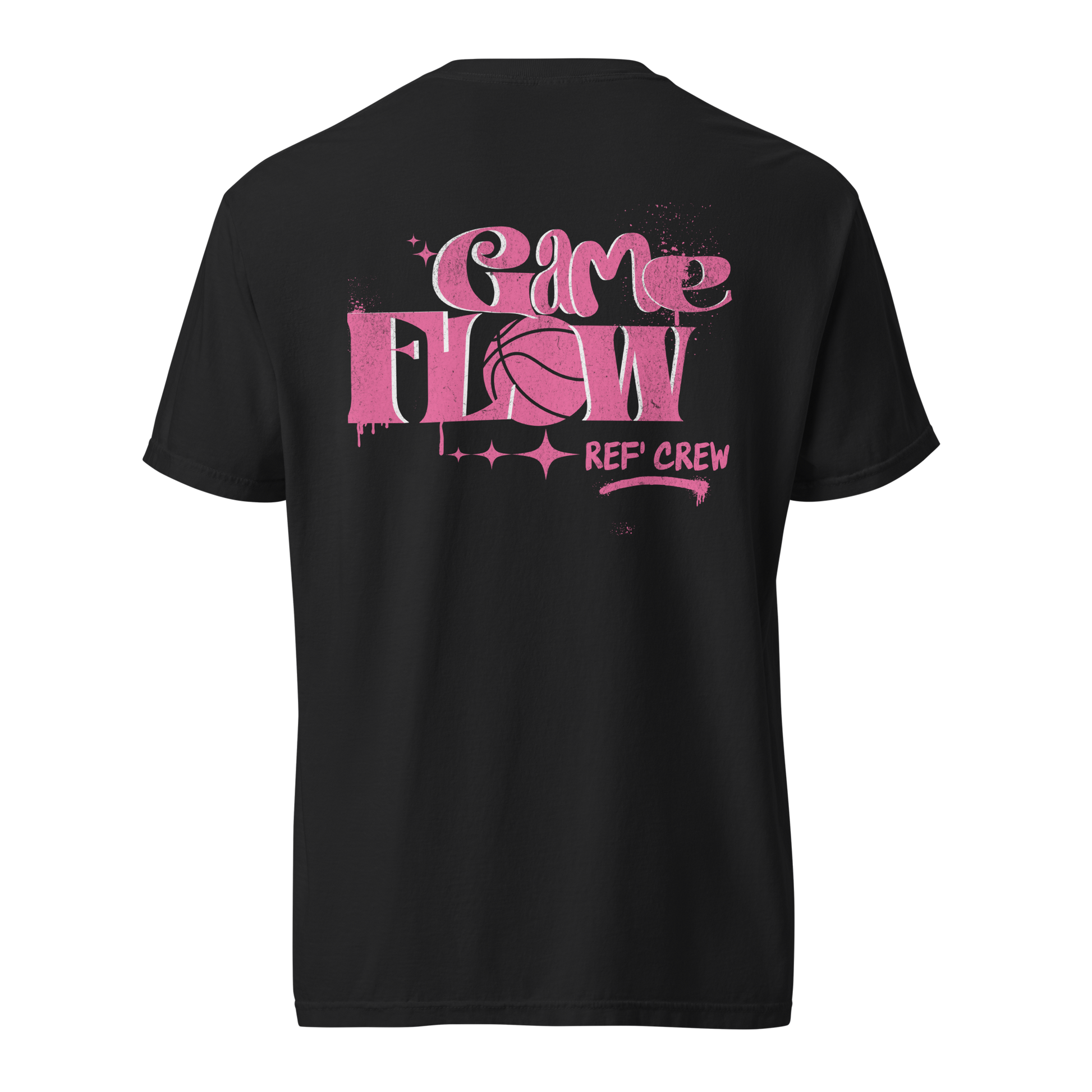 Black cotton tee with pink graffiti "Game Flow REF' CREW" basketball graphic.