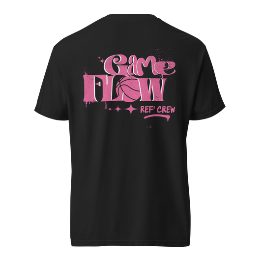 Black cotton tee with pink graffiti "Game Flow REF' CREW" basketball graphic.