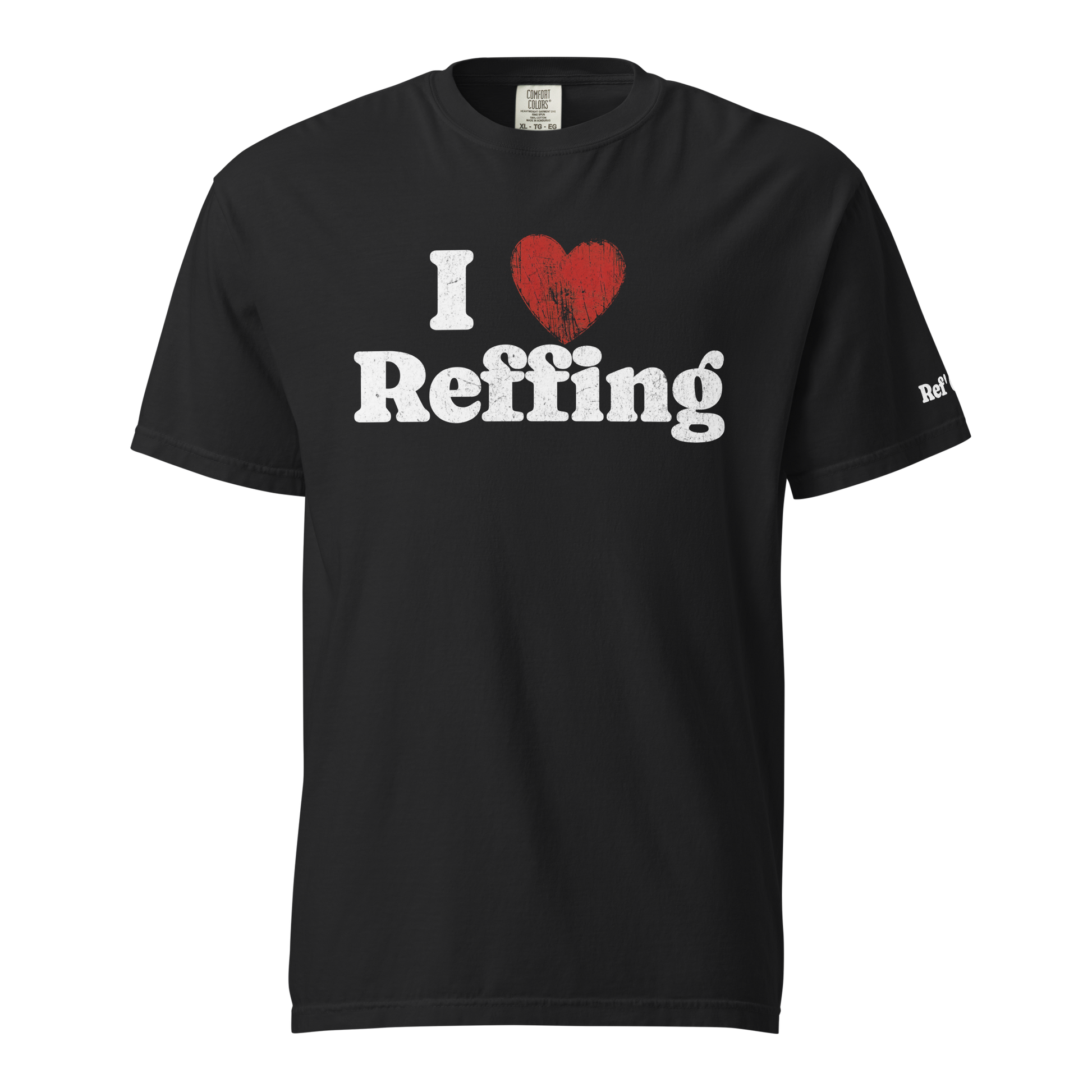 Black heavyweight cotton "I ❤️ Reffing" vintage graphic tee for basketball referees.