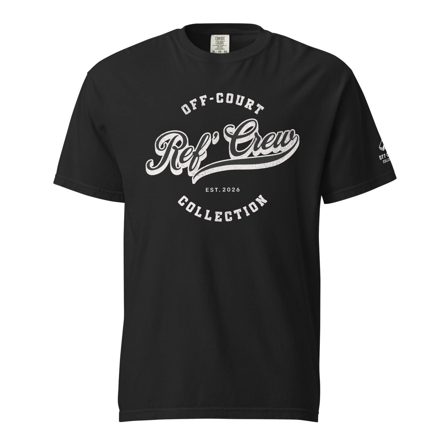 Black Ref' Crew Off-Court Collection vintage tee, heavyweight cotton, distressed white graphic, streetwear style.