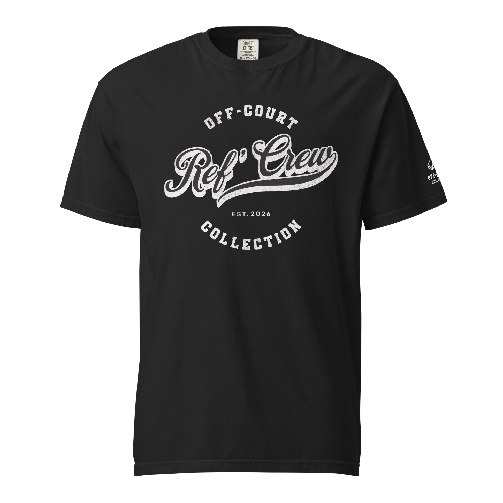 Black Ref' Crew Off-Court Collection vintage tee, heavyweight cotton, distressed white graphic, streetwear style.