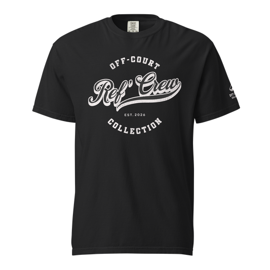 Black Ref' Crew Off-Court Collection vintage tee, heavyweight cotton, distressed white graphic, streetwear style.