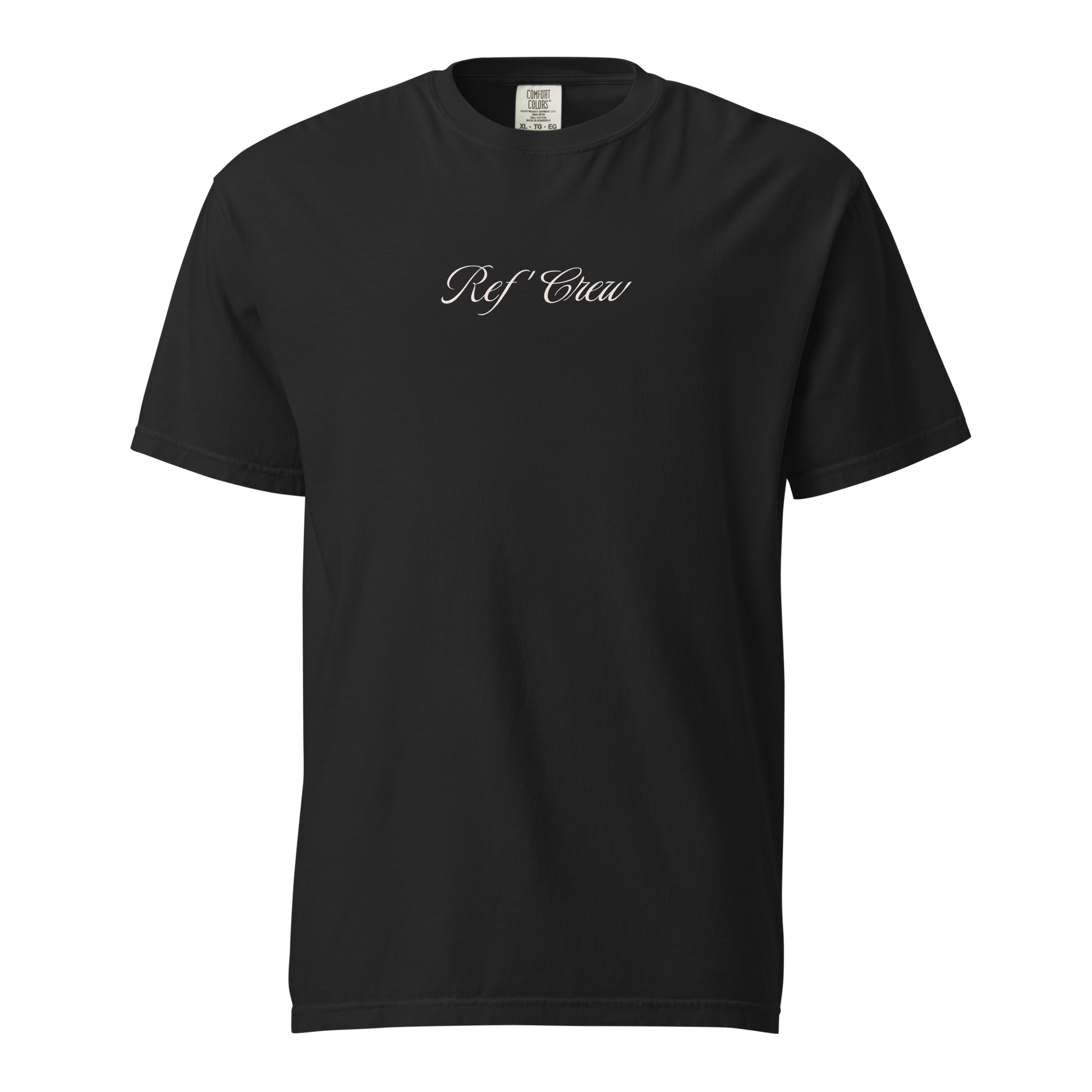 Black Ref' Crew Officials Club Tee, 100% ring-spun cotton, with white "Ref' Crew" script.
