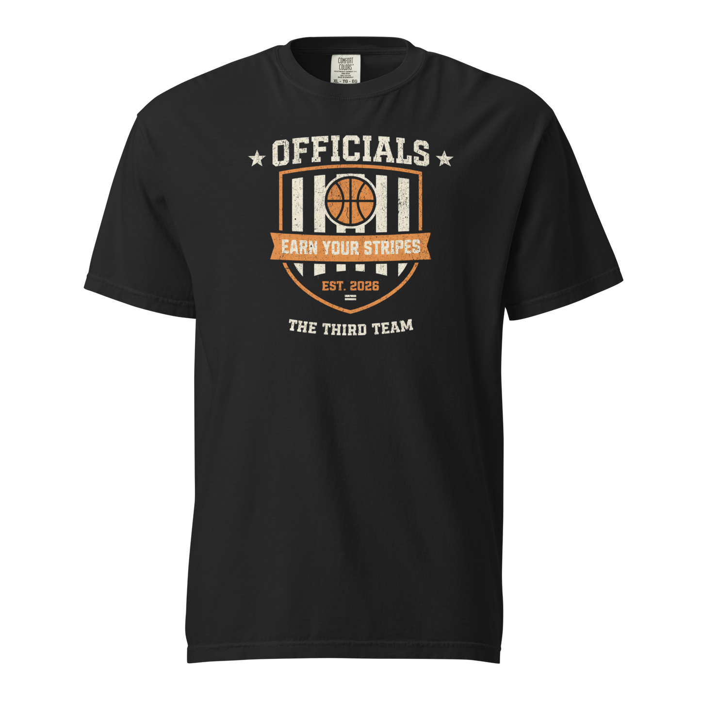 Black Comfort Colors heavyweight cotton tee with distressed "Officials Earn Your Stripes" basketball graphic.