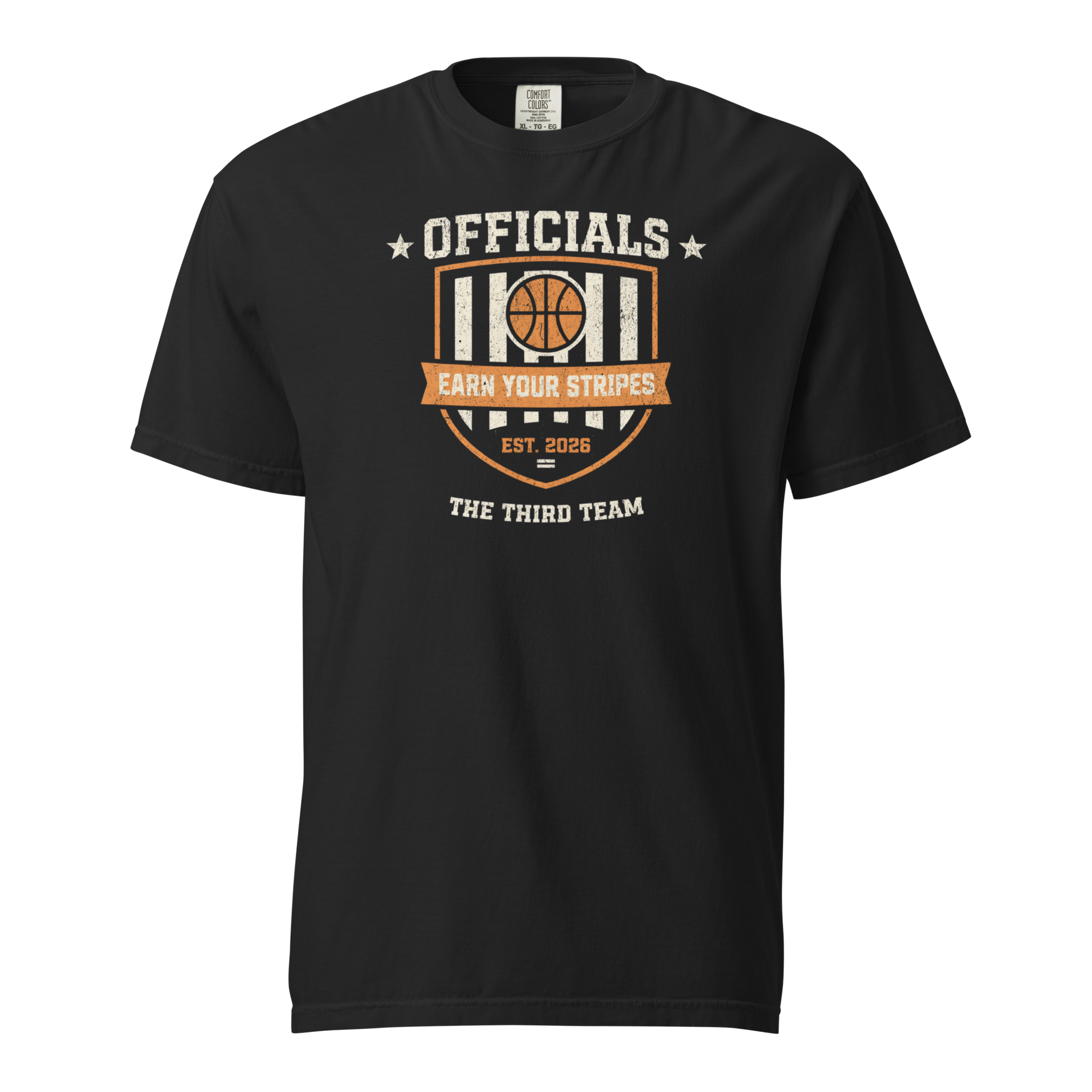 Black Comfort Colors heavyweight cotton tee with distressed "Officials Earn Your Stripes" basketball graphic.