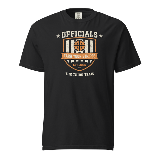Black Comfort Colors heavyweight cotton tee with distressed "Officials Earn Your Stripes" basketball graphic.