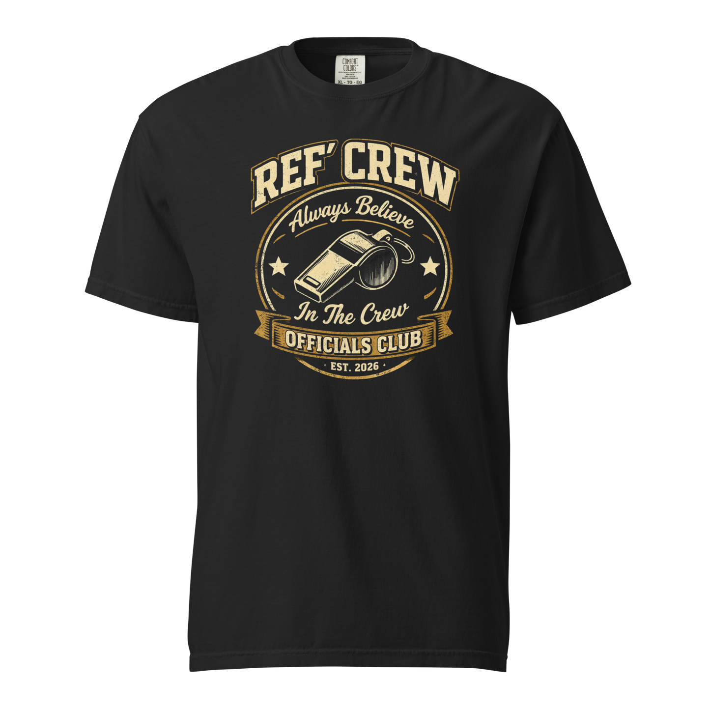 Black Comfort Colors tee with vintage "Ref' Crew Officials Club" badge and whistle graphic.