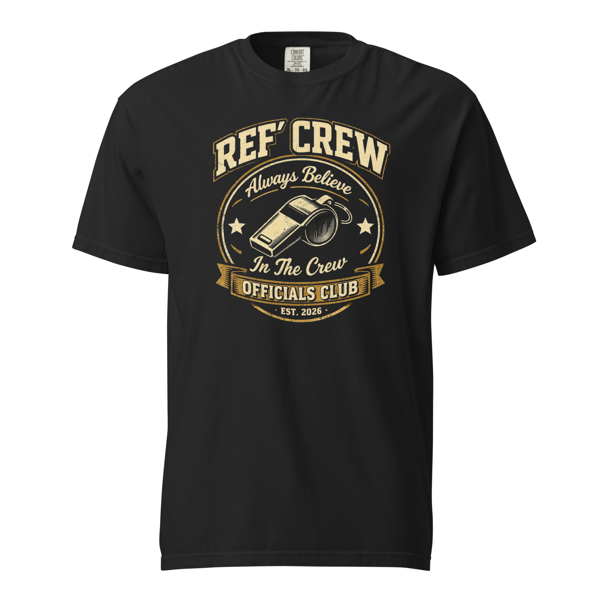 Black Comfort Colors tee with vintage "Ref' Crew Officials Club" badge and whistle graphic.
