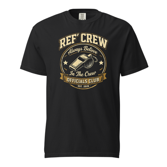 Black Comfort Colors tee with vintage "Ref' Crew Officials Club" badge and whistle graphic.