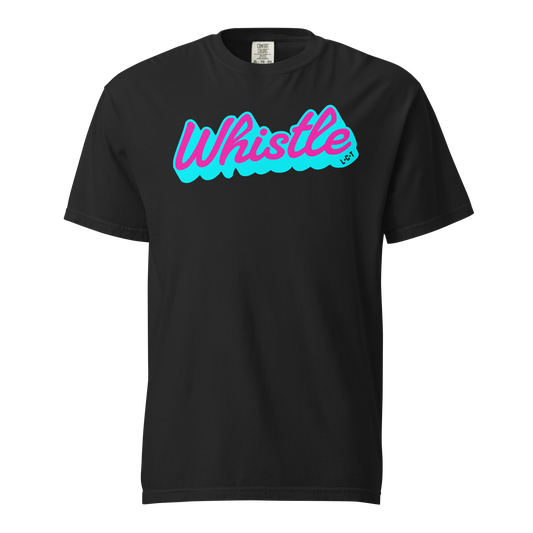 Black Comfort Colors tee with "Whistle" in neon pink and blue, L•C•T detail, for referees.
