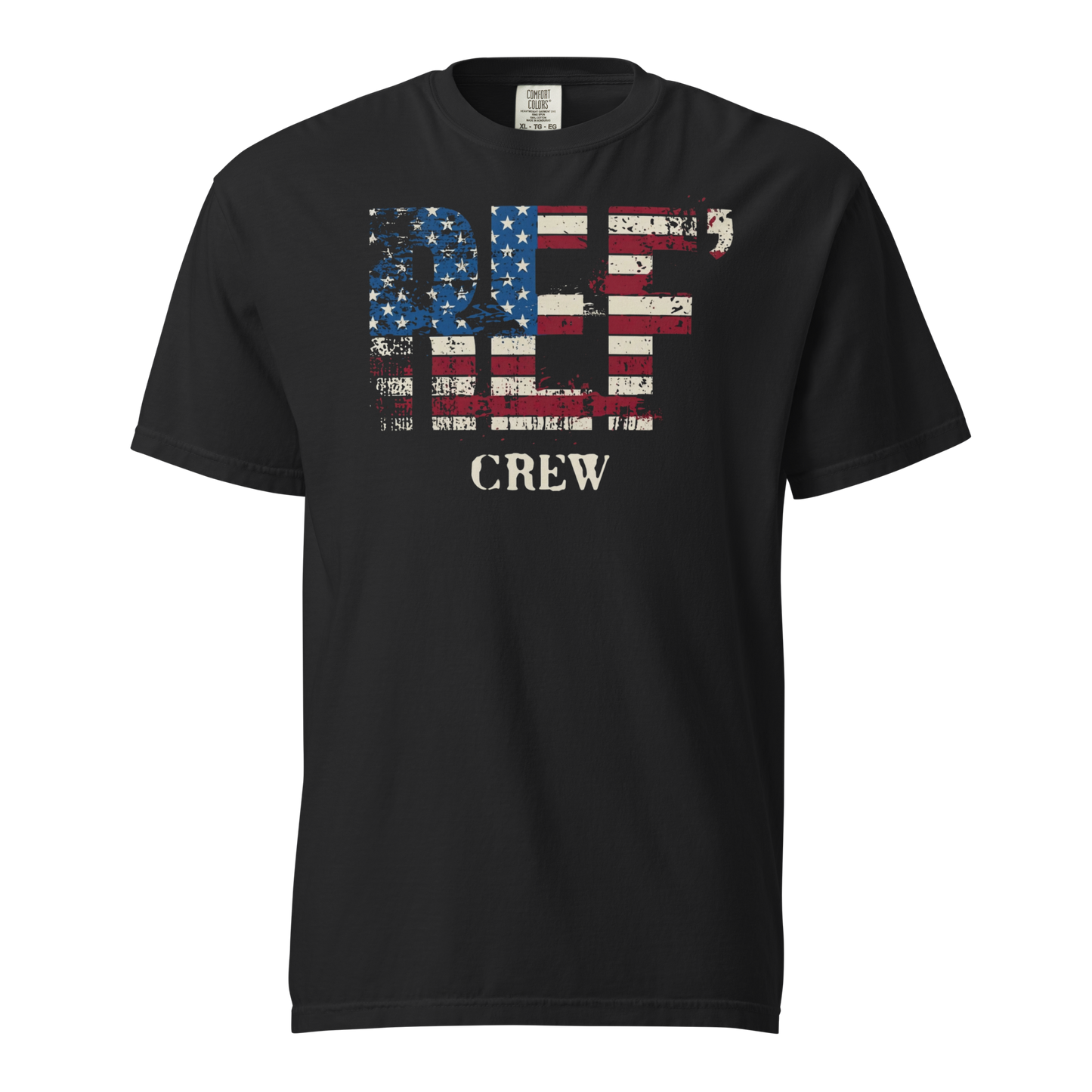 Black Comfort Colors tee with distressed American flag "REF' CREW" graphic for basketball officials.