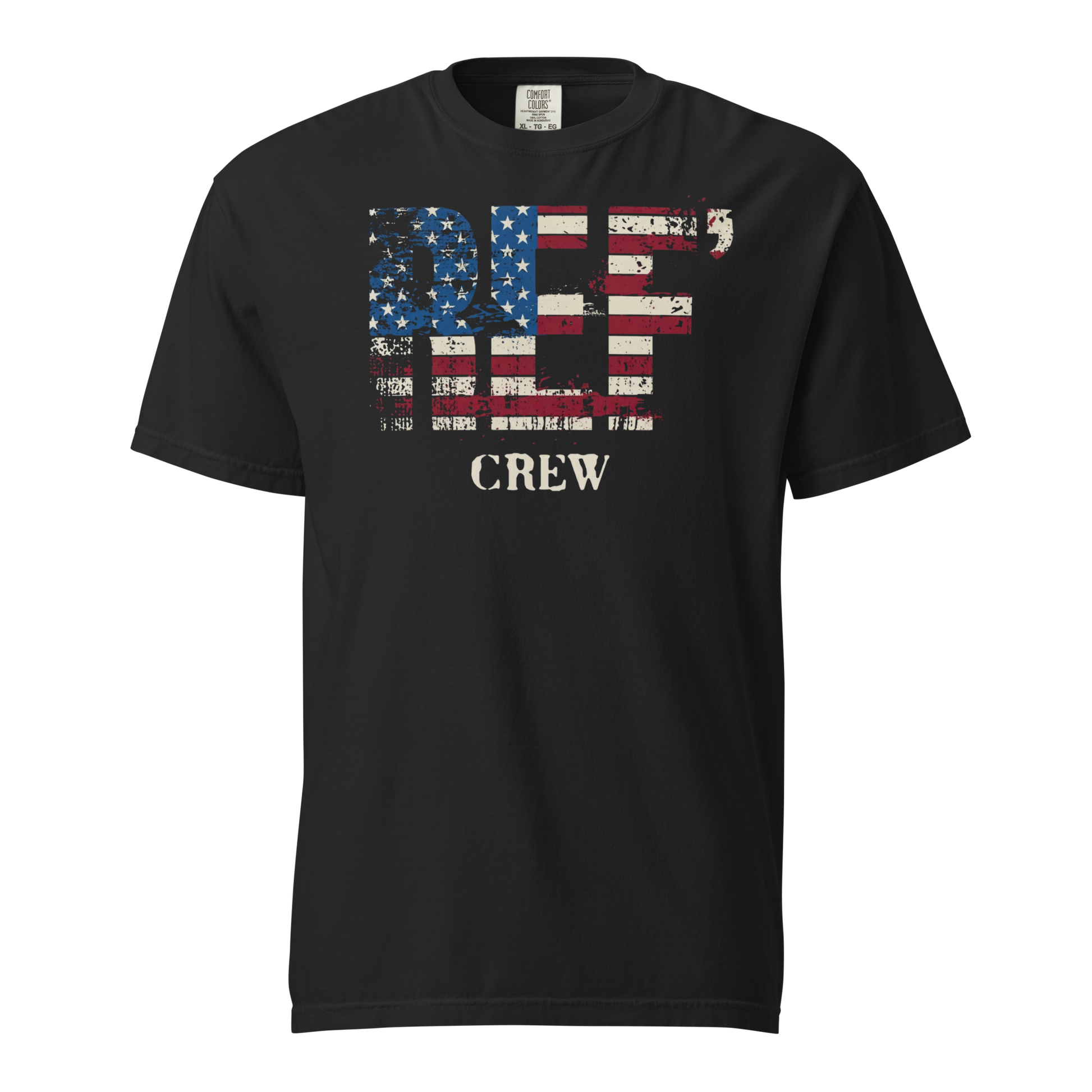 Black Comfort Colors tee with distressed American flag "REF' CREW" graphic for basketball officials.