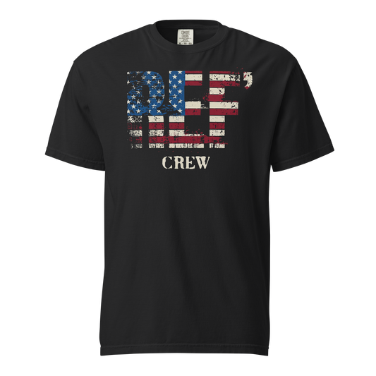Black Comfort Colors tee with distressed American flag "REF' CREW" graphic for basketball officials.