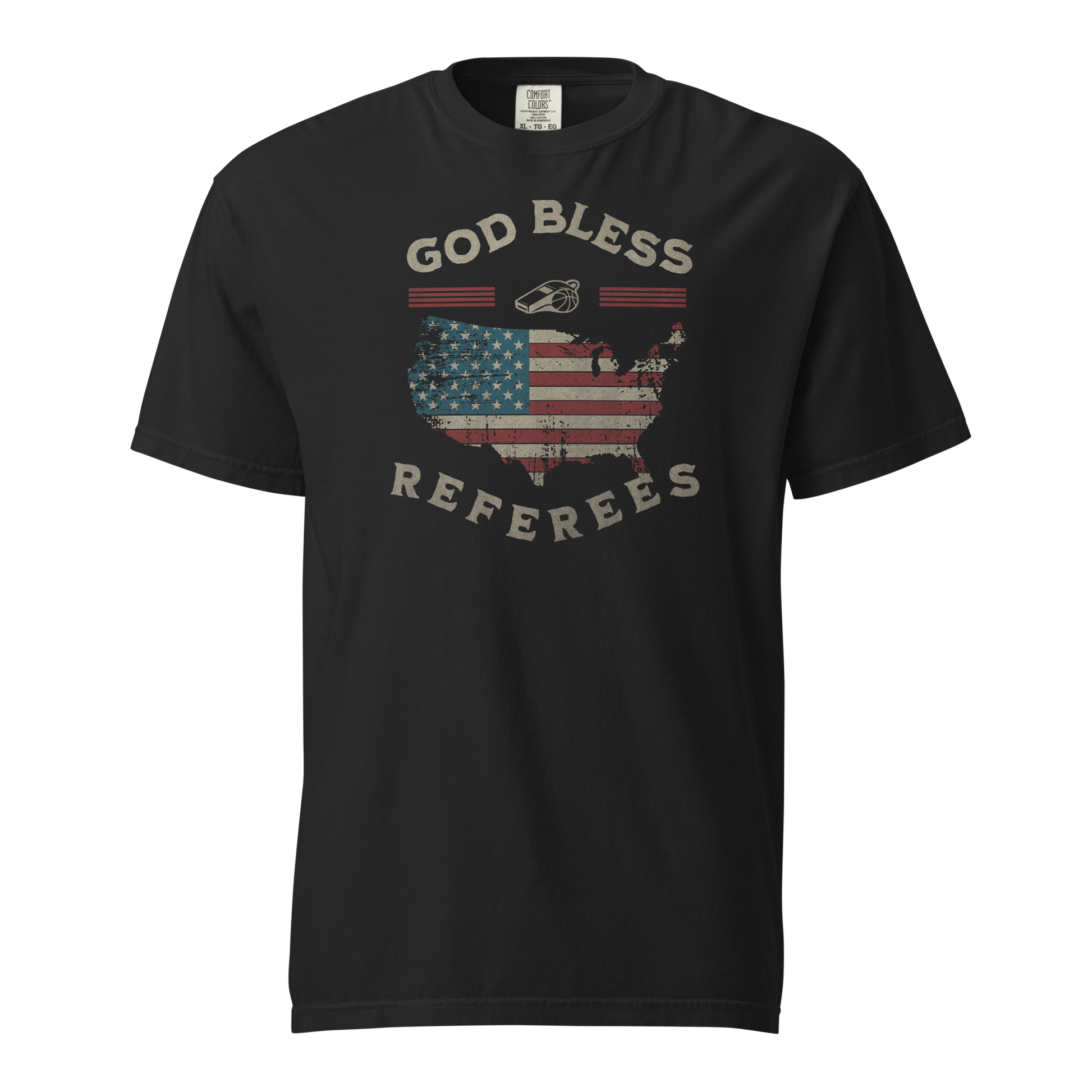 Black Comfort Colors tee with distressed American flag map, whistle, and "God Bless Referees" text.
