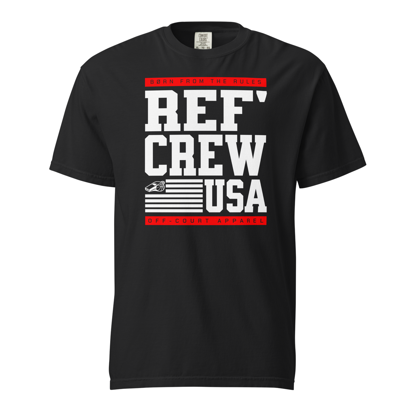 Black Comfort Colors heavyweight tee with "REF' CREW USA" block typography and American flag whistle graphic.