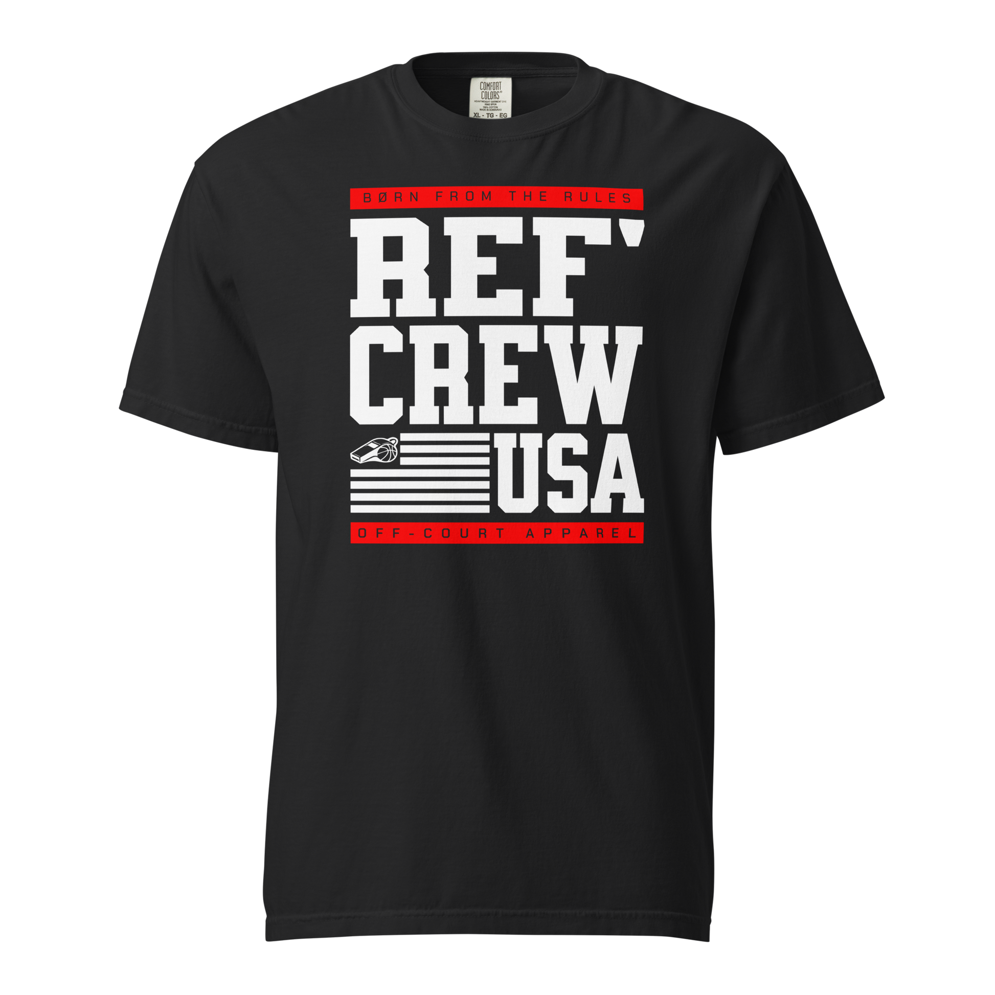 Black Comfort Colors heavyweight tee with "REF' CREW USA" block typography and American flag whistle graphic.