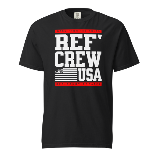 Black Comfort Colors heavyweight tee with "REF' CREW USA" block typography and American flag whistle graphic.