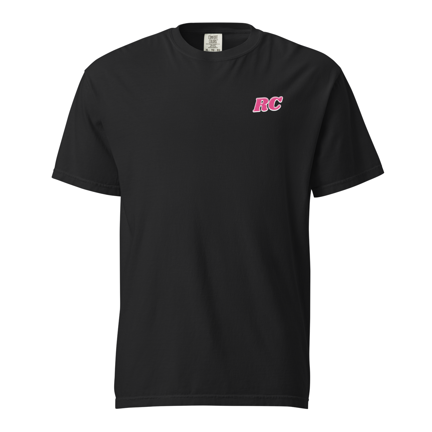 Black unisex garment-dyed heavyweight t-shirt with a pink "RC" logo on the chest, perfect for officials.