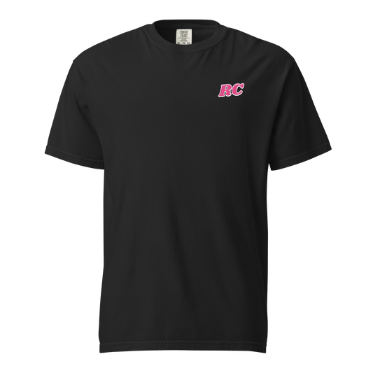 Black heavyweight cotton referee t-shirt with pink "RC" Ref' Crew logo, perfect for basketball official style.