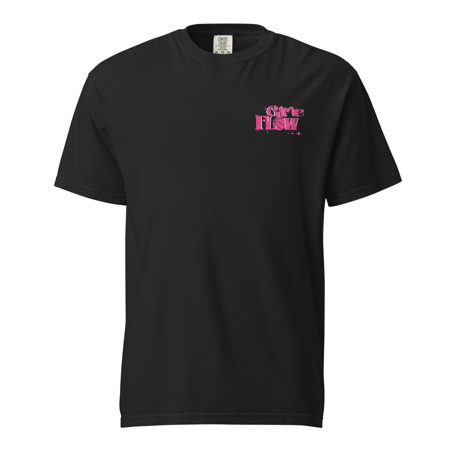 Black Comfort Colors t-shirt with a small pink "Game Flow" graffiti logo on the chest, ideal for basketball officials.