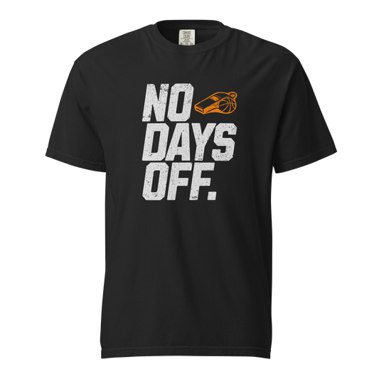 Black Comfort Colors referee t-shirt for basketball officials, featuring "NO DAYS OFF" distressed text and a Ref' Crew whistle graphic.