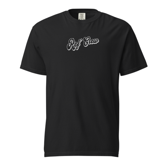 Black Comfort Colors referee t-shirt for basketball official with "Ref' Crew" vintage script on chest.