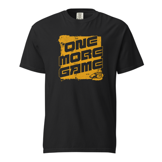 Black Ref' Crew referee t-shirt for basketball official with "ONE MORE GAME" distressed gold print and whistle.