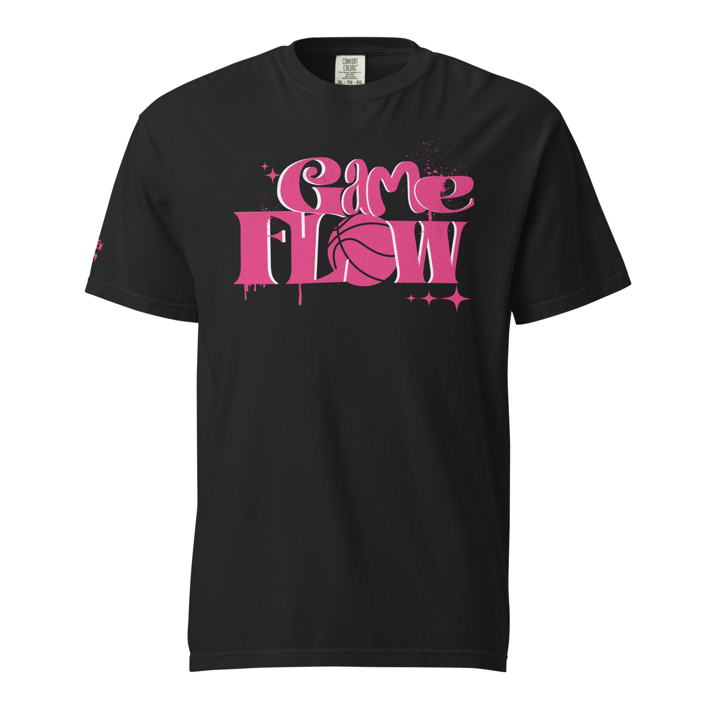 Black Ref' Crew Game Flow Pink Edition referee t-shirt for basketball officials, graffiti-style "Game Flow" chest logo with drip details — front view