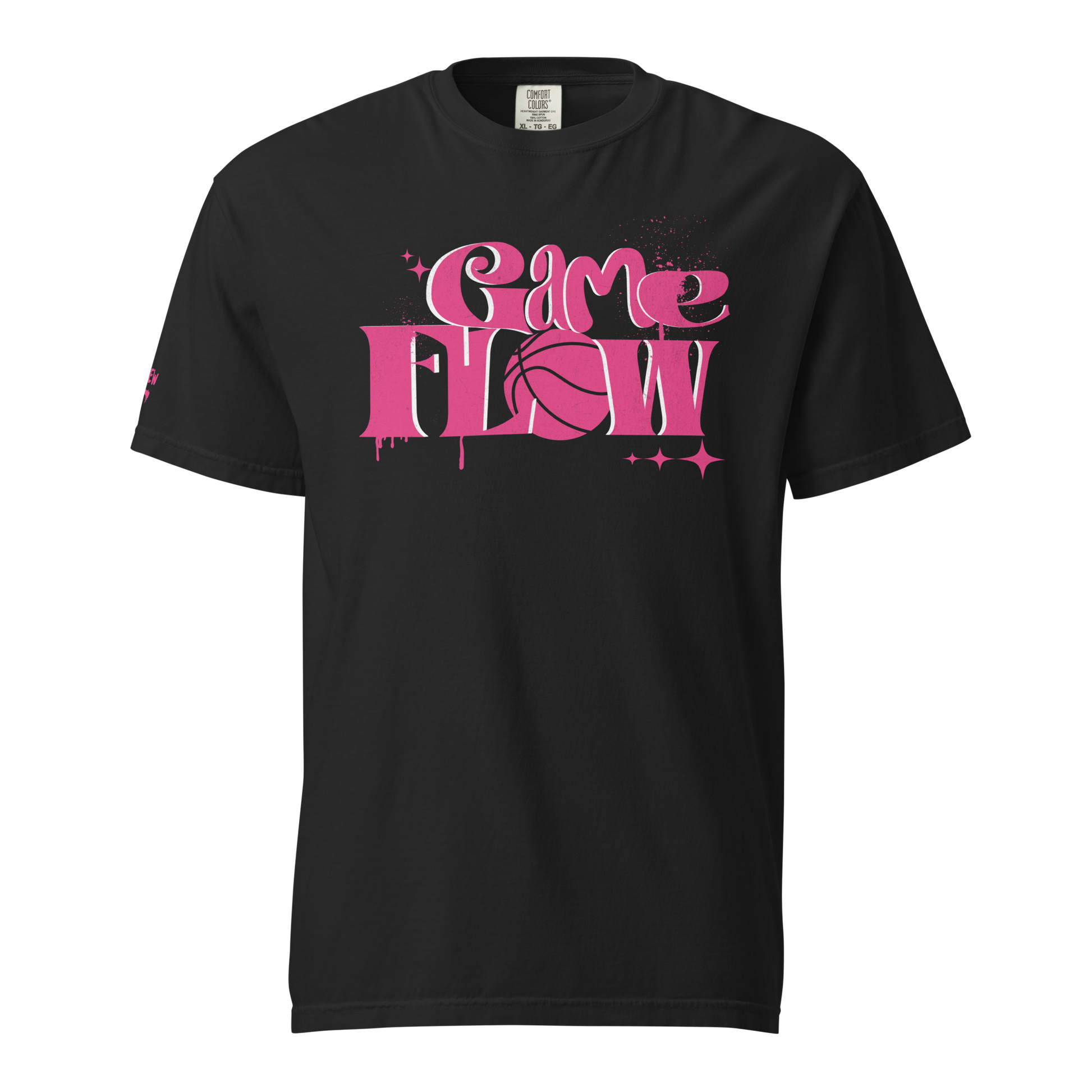 Black Ref' Crew Game Flow Pink Edition referee t-shirt for basketball officials, graffiti-style "Game Flow" chest logo with drip details — front view