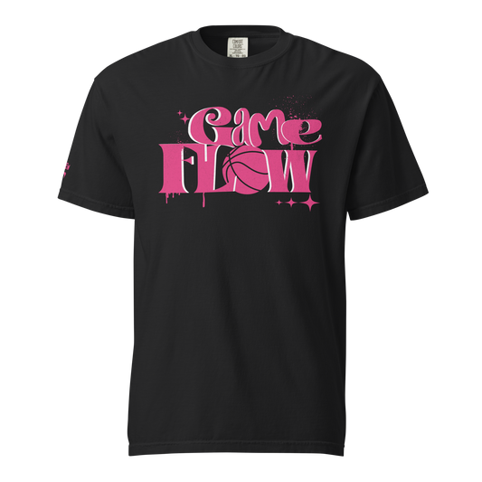 Black Ref' Crew Game Flow Pink Edition referee t-shirt for basketball officials, graffiti-style "Game Flow" chest logo with drip details — front view