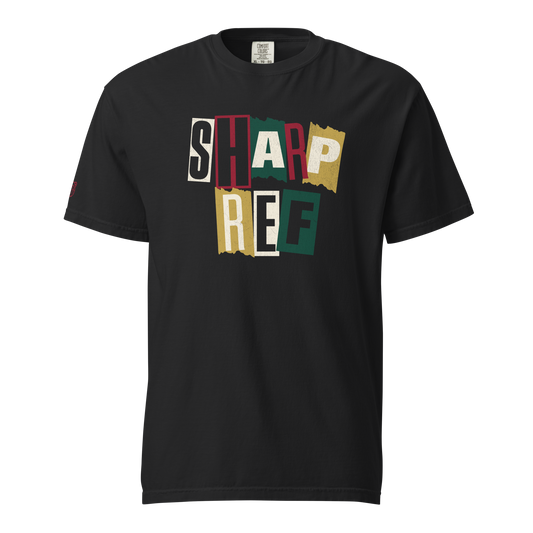 Black Ref' Crew Sharp Ref referee t-shirt for basketball officials, vintage distressed collage lettering in gold, ivory, forest green and crimson — front view