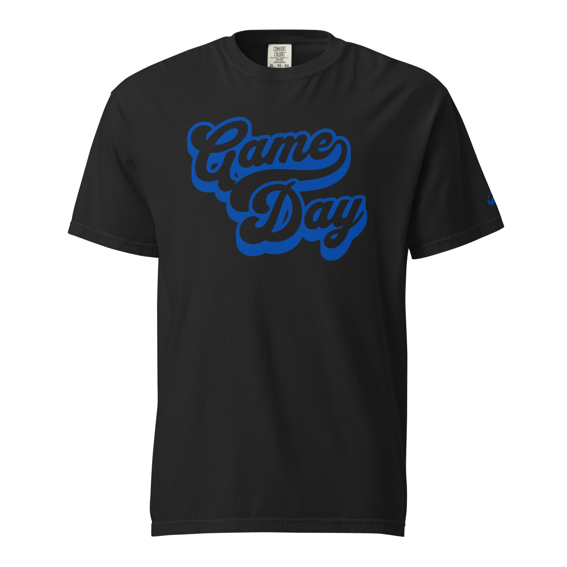 Ref' Crew Game Day Tee, Gridiron Edition, in black — retro 'Game Day' bubble script front print with layered shadow on garment-dyed heavyweight cotton for football referees
