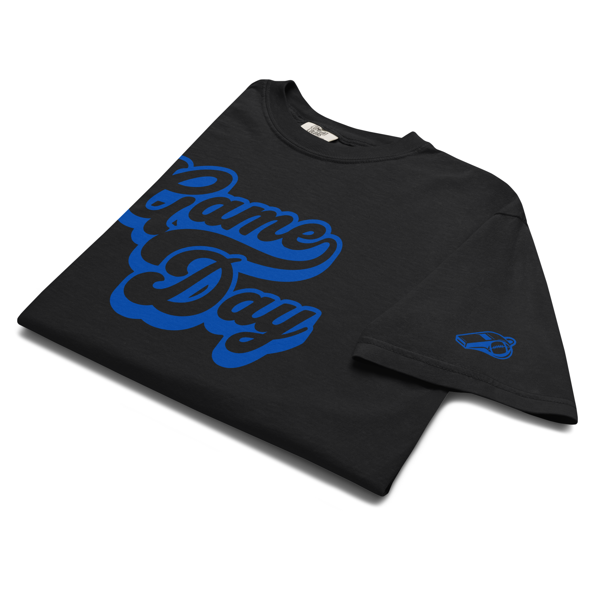 Front view of the Ref' Crew Game Day Tee, Gridiron Edition, in black — bold retro 'Game Day' script for football officials