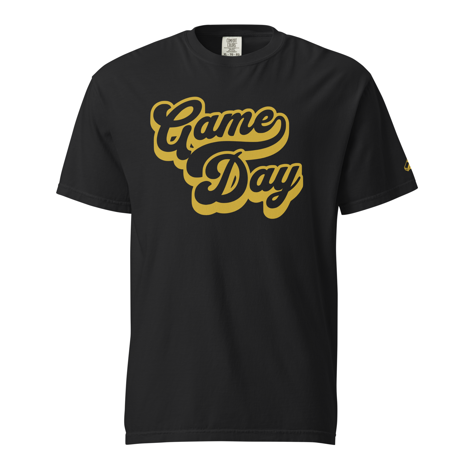 Black garment-dyed heavyweight tee, front view — bold retro bubble-script Game Day graphic with layered shadow, Ref' Crew Gridiron Edition