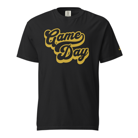 Black garment-dyed heavyweight tee, front view — bold retro bubble-script Game Day graphic with layered shadow, Ref' Crew Gridiron Edition