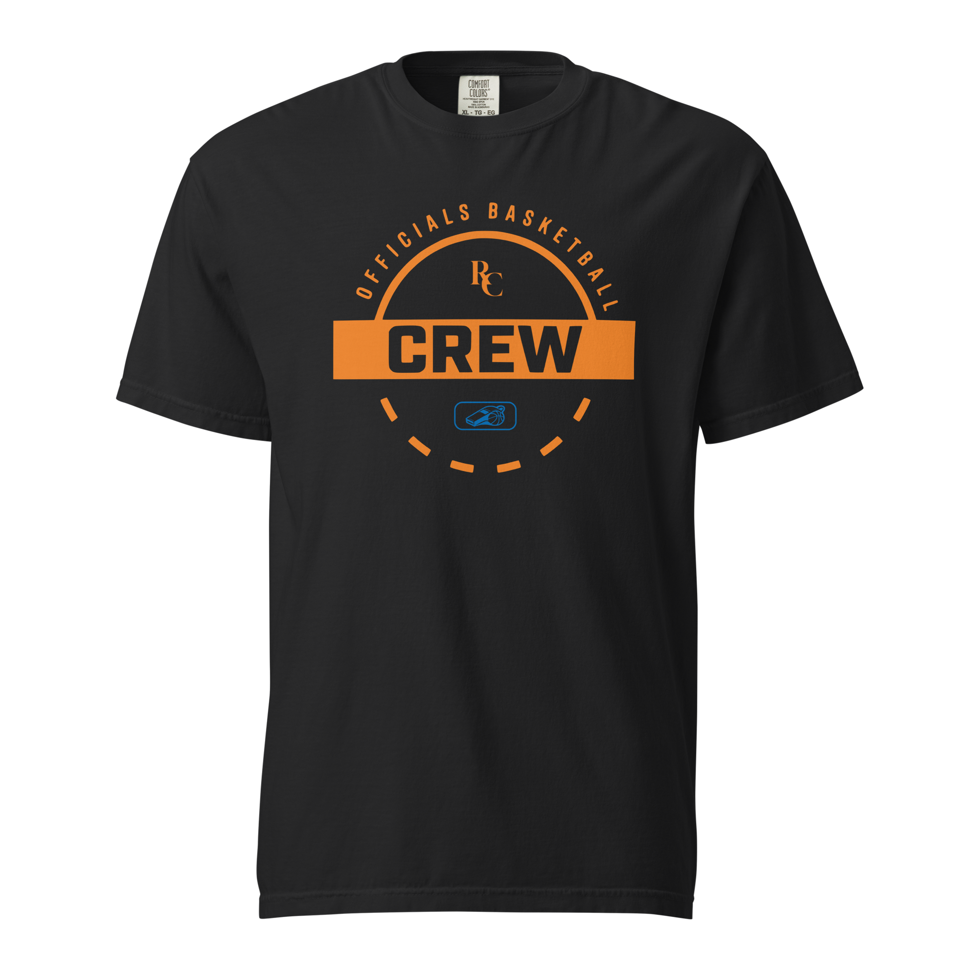 Black garment-dyed heavyweight tee, front view — circular Officials Basketball Crew badge in burnt orange with a blue whistle shield at the center, NYC Edition