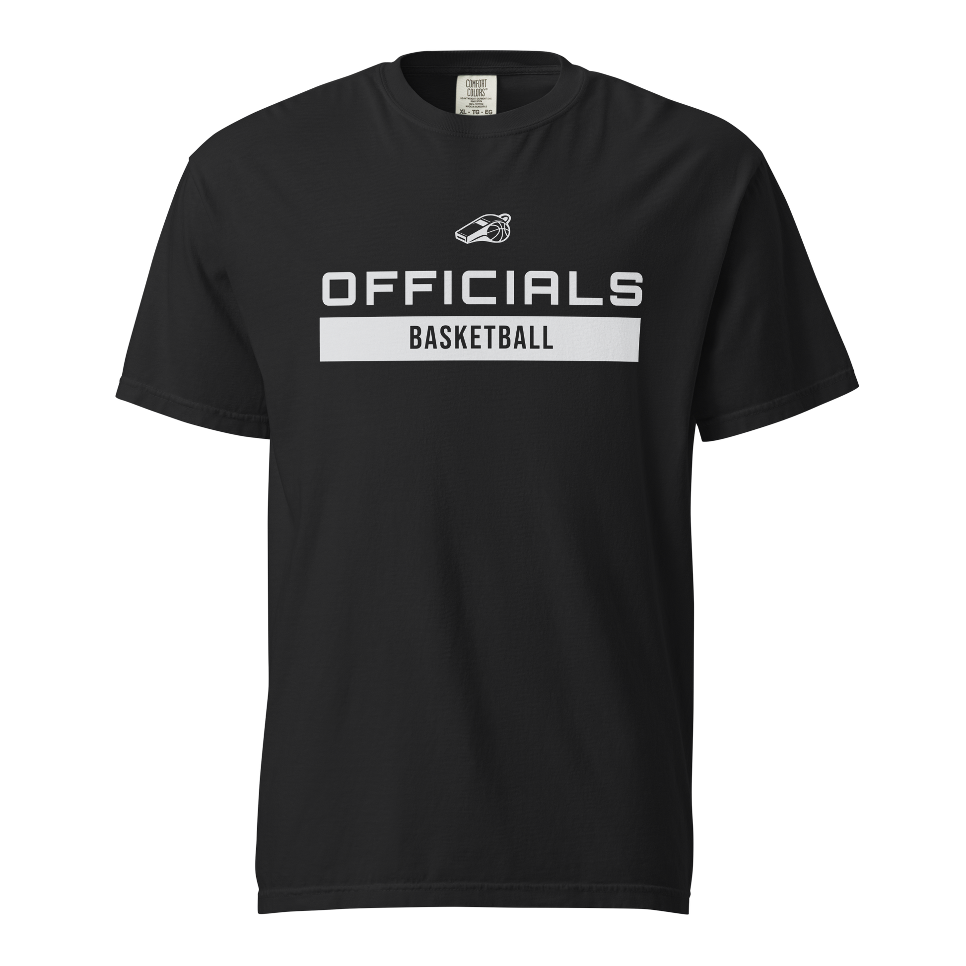 Black garment-dyed heavyweight tee, front view — whistle icon above OFFICIALS in bold white block type with BASKETBALL reversed out in a white bar