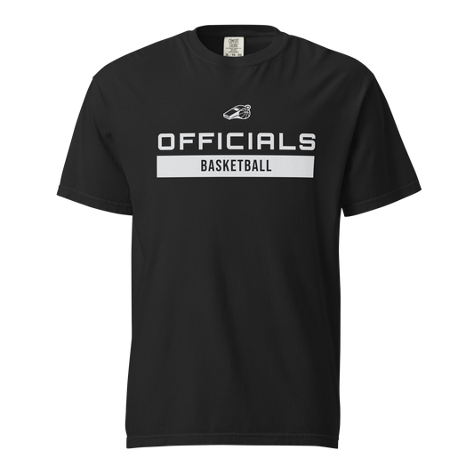 Black garment-dyed heavyweight tee, front view — whistle icon above OFFICIALS in bold white block type with BASKETBALL reversed out in a white bar