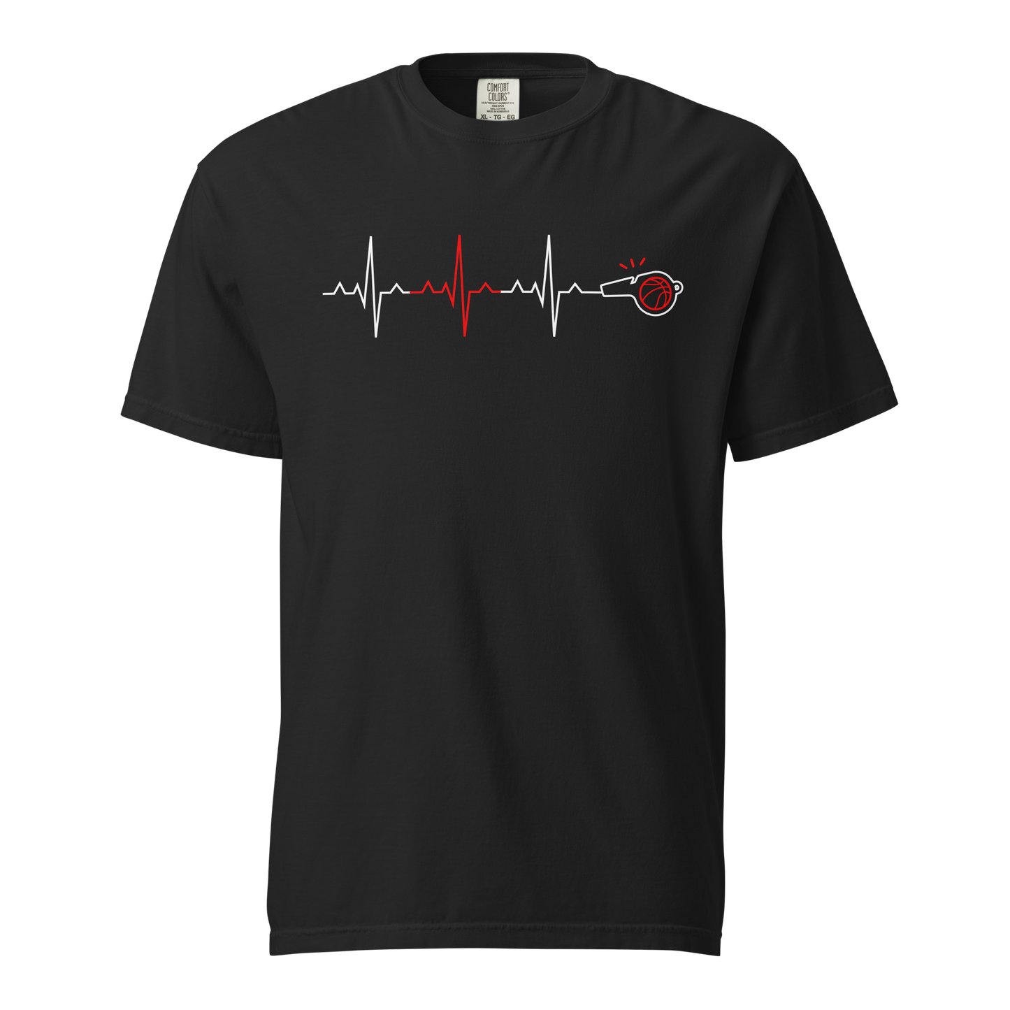 Black garment-dyed heavyweight tee, front view — white ECG heartbeat line across the chest with a red central spike resolving into a whistle and basketball