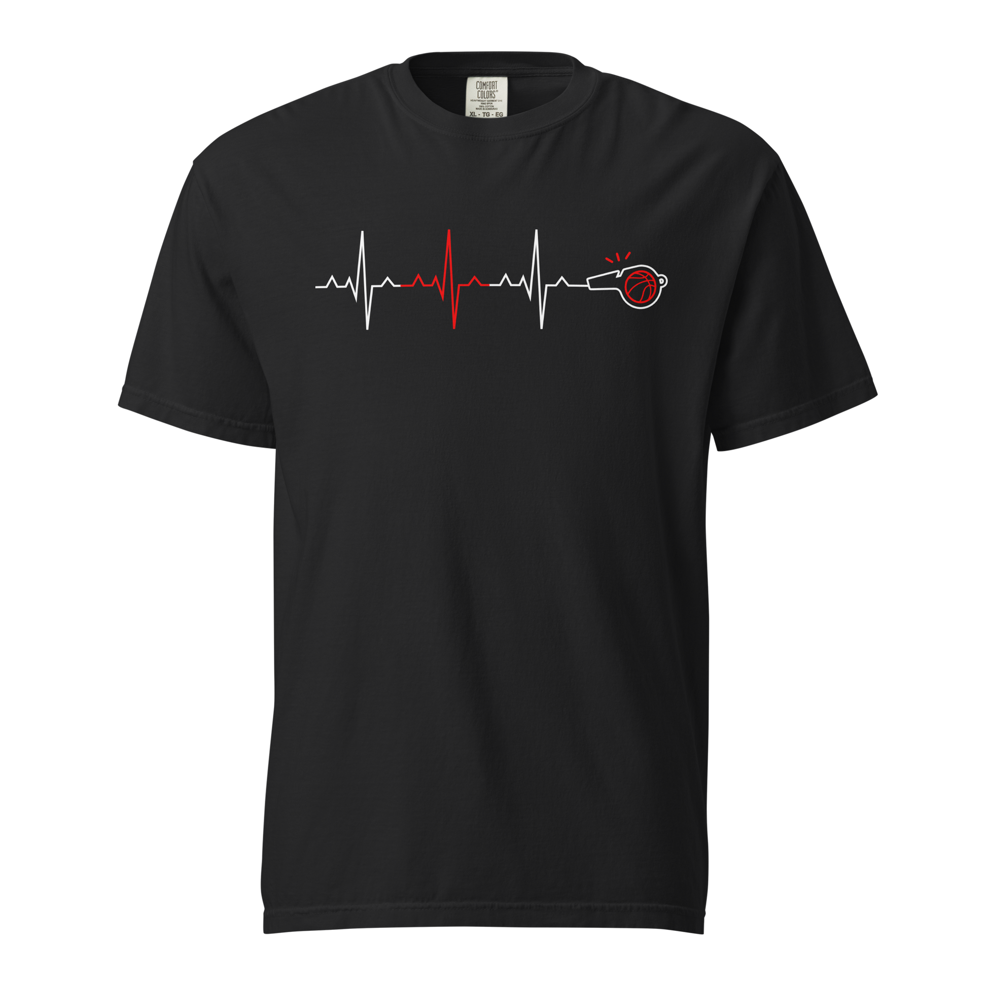 Black garment-dyed heavyweight tee, front view — white ECG heartbeat line across the chest with a red central spike resolving into a whistle and basketball