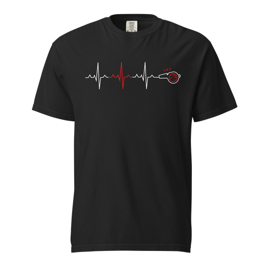 Black garment-dyed heavyweight tee, front view — white ECG heartbeat line across the chest with a red central spike resolving into a whistle and basketball