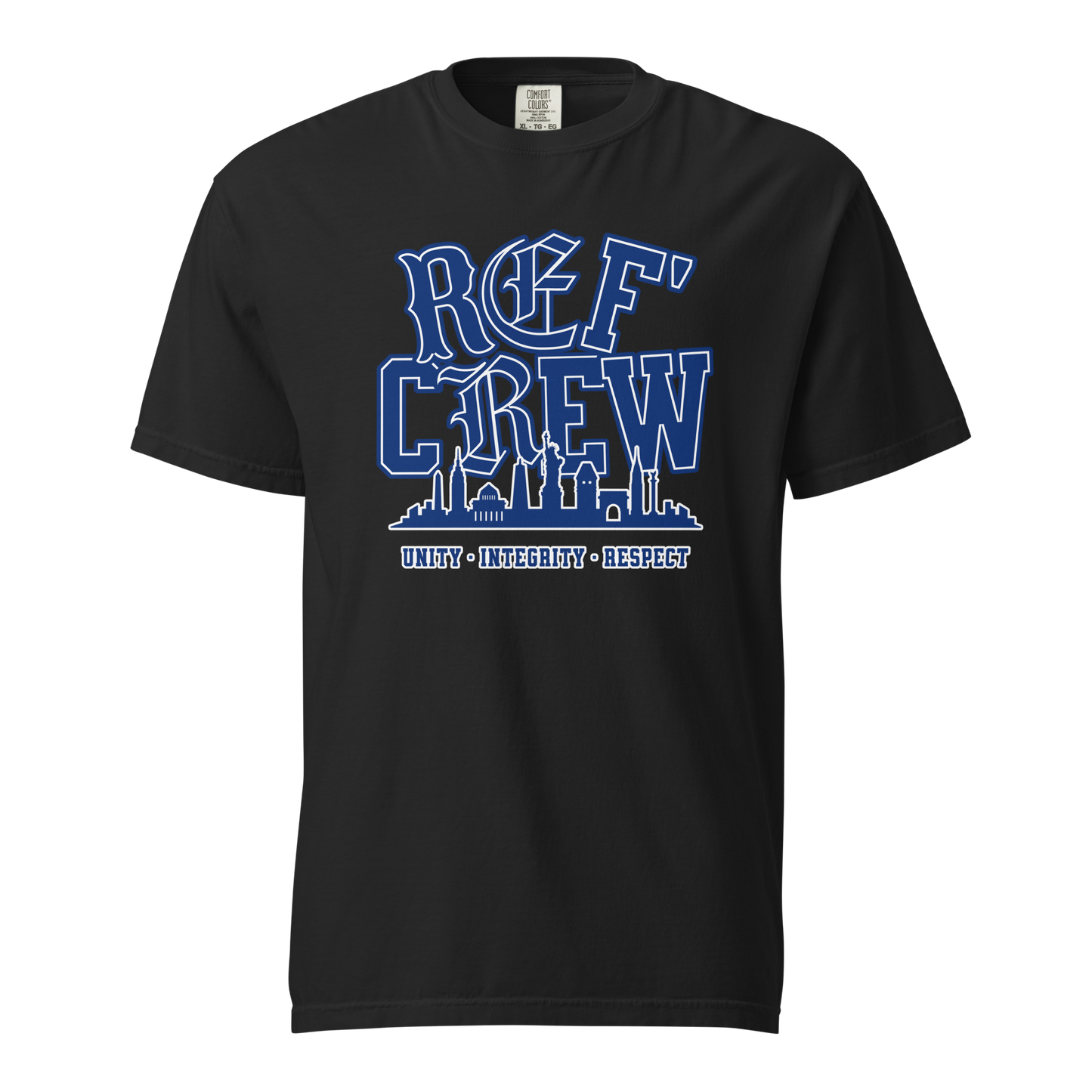 Black garment-dyed heavyweight tee, front view — Ref' Crew in royal blue blackletter lettering above a single-line city skyline, UNITY INTEGRITY RESPECT along the base