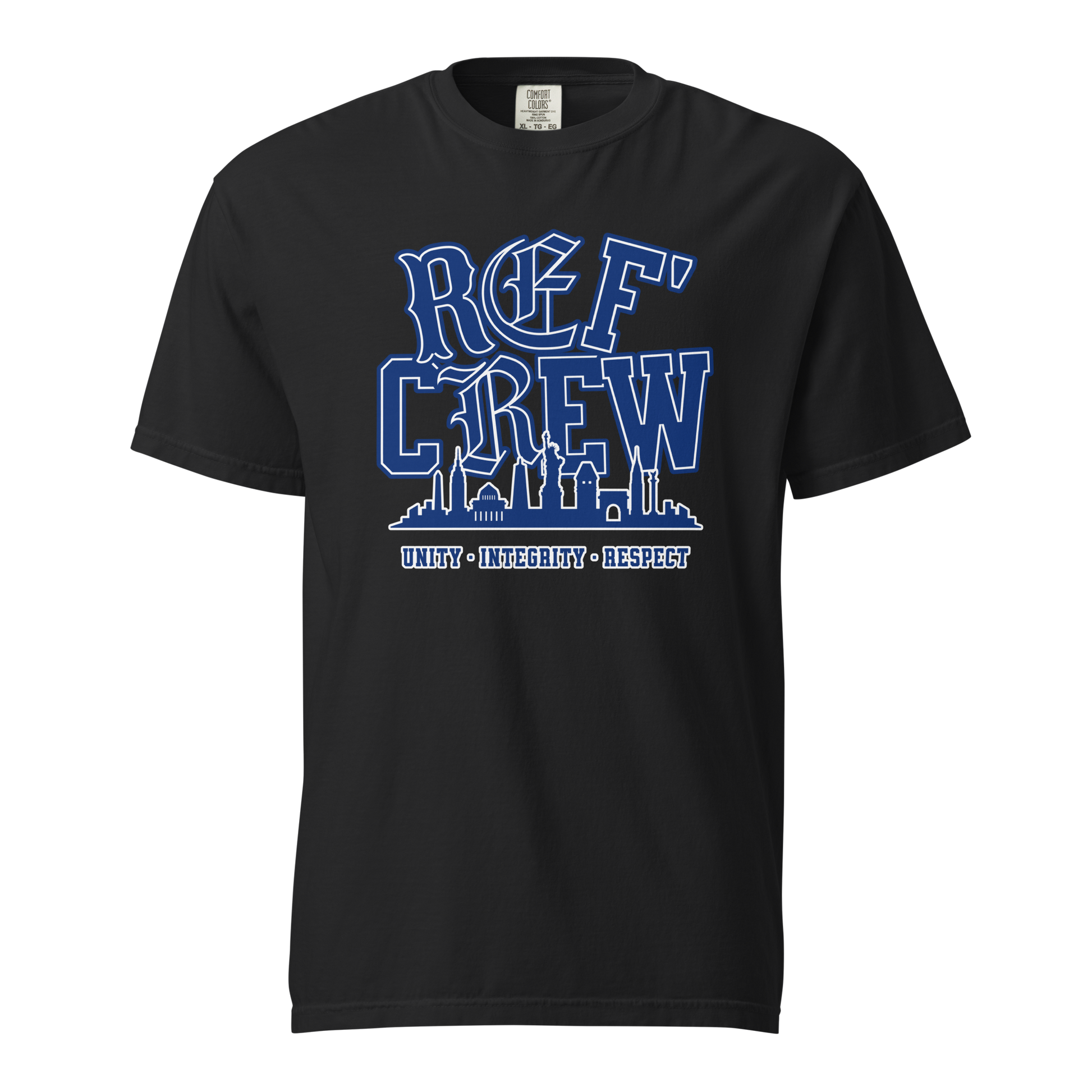 Black garment-dyed heavyweight tee, front view — Ref' Crew in royal blue blackletter lettering above a single-line city skyline, UNITY INTEGRITY RESPECT along the base