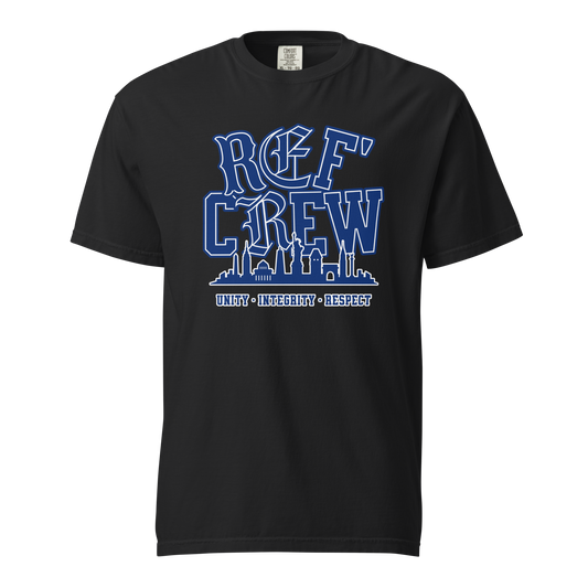 Black garment-dyed heavyweight tee, front view — Ref' Crew in royal blue blackletter lettering above a single-line city skyline, UNITY INTEGRITY RESPECT along the base