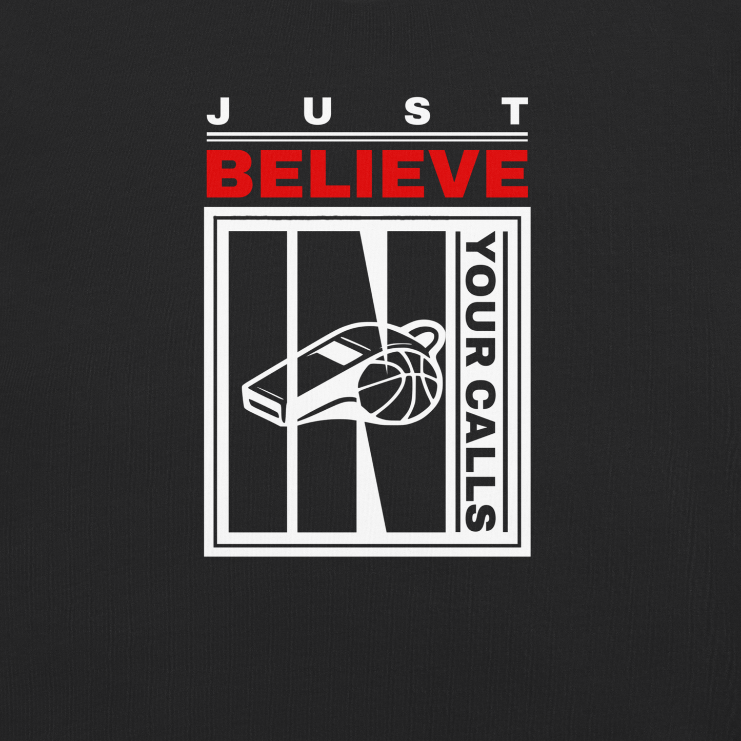 Black Ref' Crew Just Believe tee, front view — close look at the red BELIEVE bar and the white line-work whistle and basketball panel