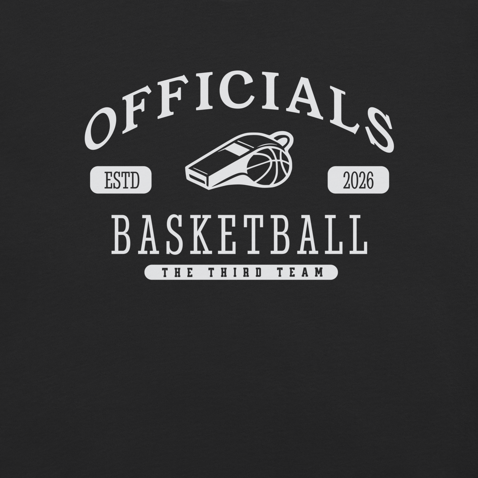 Black Ref' Crew Third Team tee, front view — close look at the varsity lettering, whistle and basketball emblem